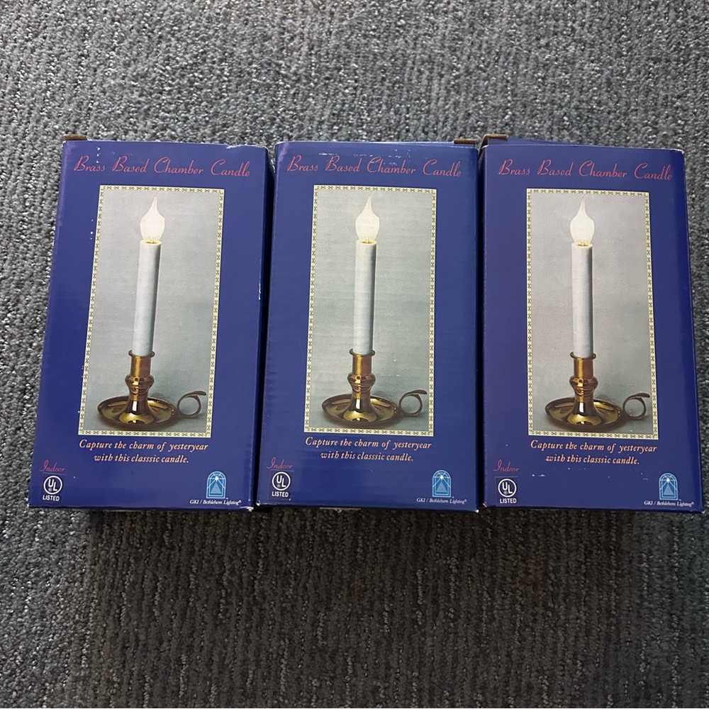 Set of Three Elegant Brass Chamber Candles - Classic White New old stock in box